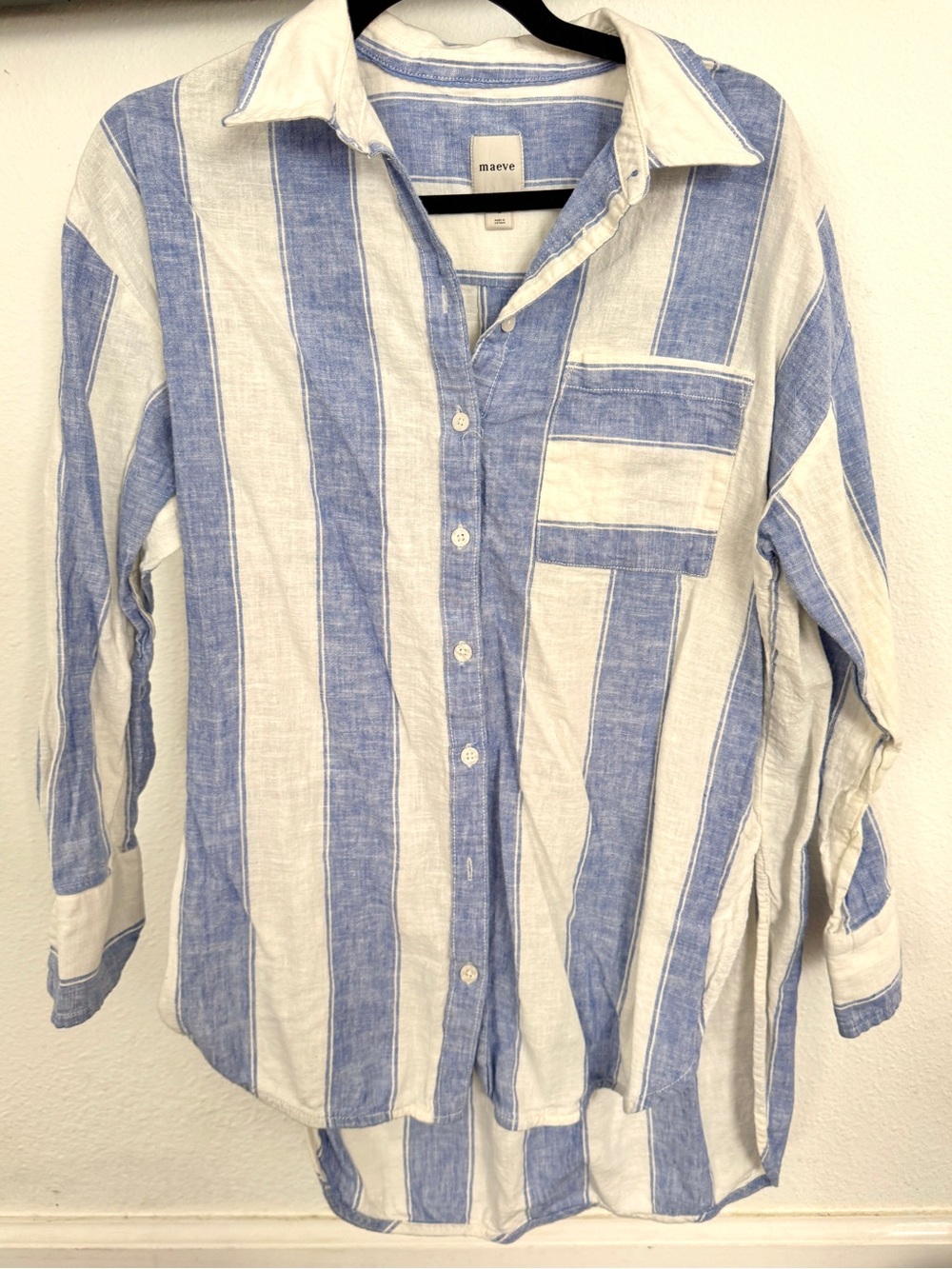 Maeve Blue and White Vertical Stripe Casual Button-Down Shirt